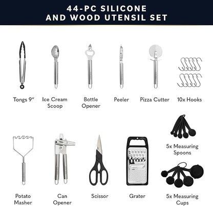 Home Hero 44 Pcs Silicone Kitchen Utensils Set, Non-Stick Silicone Cooking Utensils Set with Spatula, Wooden Handle Spatula, Silicone Kitchen Gadgets Utensil Set (44 Pcs - Black)