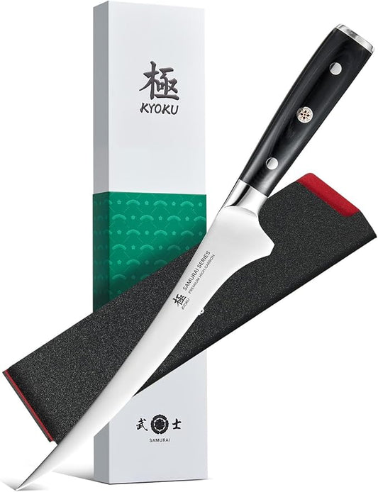 KYOKU 7 in. Japanese Fillet Knife, Samurai Series Fish Boning Knife with Pakkawood Handle, German 1.4116 Stainless Steel Full Tang Fish Deboning, with Protective Sheath & Gift Box