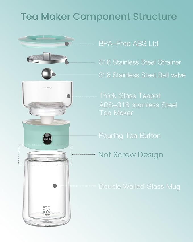 ZENS Modern Glass Tea Infuser Teapot, Smart One Touch Tea Maker for Loose Tea Diffusers with Insulated Mug and Cute Portable Tea Kits for Tea Lover Gifts