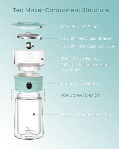ZENS Modern Glass Tea Infuser Teapot, Smart One Touch Tea Maker for Loose Tea Diffusers with Insulated Mug and Cute Portable Tea Kits for Tea Lover Gifts