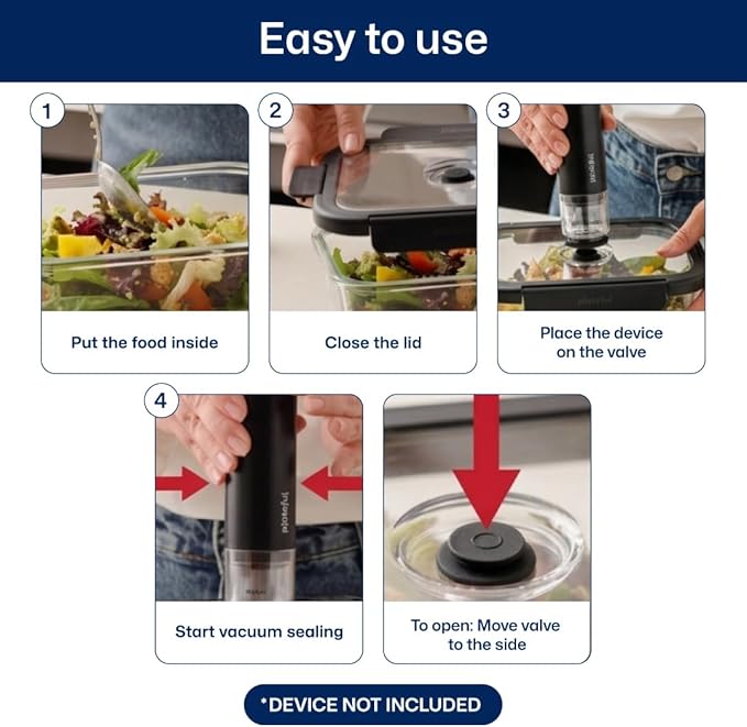 Plateful Glass Vacuum Seal Containers For Food Storage (3-pack) - Reusable Sealed Vacuum Container, Borosilicate Glass to Keep Food Fresh Longer, Works For Meal Prep