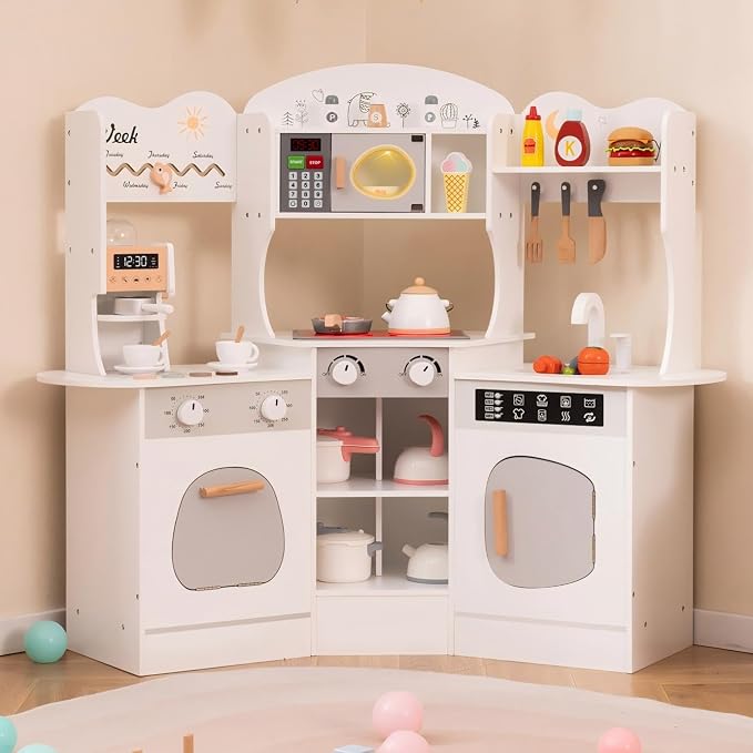 Costzon Corner Play Kitchen, Wooden Kids Kitchen Playset with Lights & Sound, Coffee Maker, Washing Machine, Oven, Microwave, Toddler Toy Kitchen for Pretend Play, Gift for Boys Girls 3+ (White)