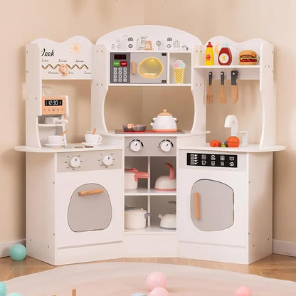 Costzon Corner Play Kitchen, Wooden Kids Kitchen Playset with Lights & Sound, Coffee Maker, Washing Machine, Oven, Microwave, Toddler Toy Kitchen for Pretend Play, Gift for Boys Girls 3+ (White)