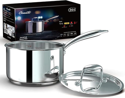 Ciwete 3 Qt Saucepan with Lid - Upgraded Package - 3 Quart 18/10 Stainless Steel Sauce Pan with Mirror Polishing and 2 Sacles, Induction Cookware, Small Pot for Cooking, Dishwasher Safe Oven Safe