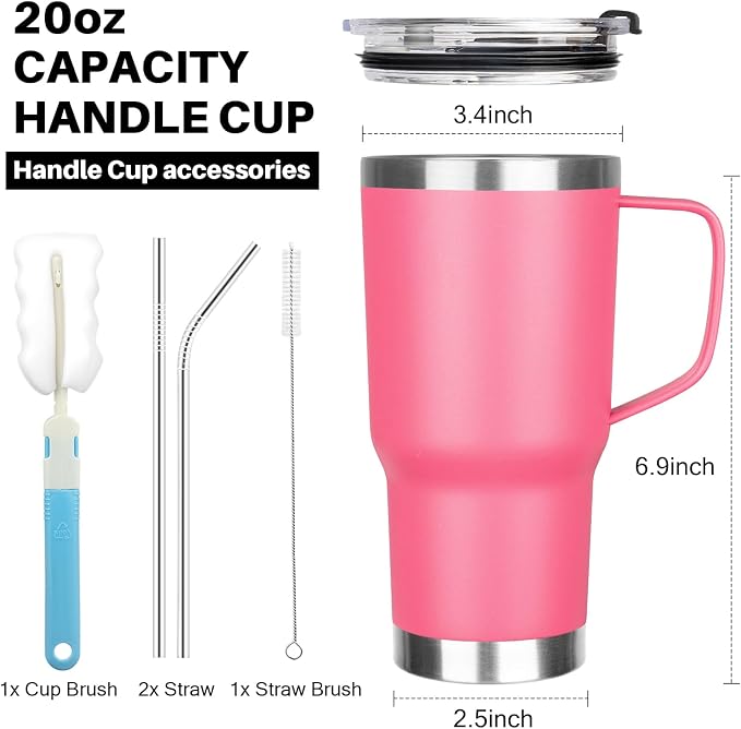 20 oz Tumbler with Handle, Stainless Steel Insulated Tumbler with Lid and Straw, Double Wall Vacuum Coffee Mug Tumbler, Insulated Coffee Thermal Cup for Cold and Hot (Rose Red, 20 Ounces)
