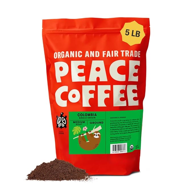 Peace Coffee Colombia Single Origin Ground Medium Roast Coffee, 5 lb, Organic Fair Trade, Crisp, Mild Flavor, Shade Grown, Fresh Roasted
