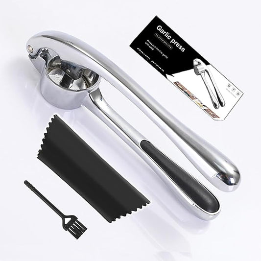 Premium Garlic Press And Peel Set,Heavy Duty Garlic Crusher,Rust Proof Garlic Mincer Tool,Easy to Squeeze And Clean, Ergonomic Handle Includes Silicone Garlic Peeler And Brush (Sivler)