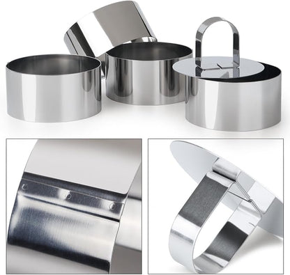 HULISEN Round Cake Ring Mold, Stainless Steel 4" Cooking Crumpet Rings with 1 Pusher & 4 Food Form, Tuna Tartare Mold for Pancake, Salad, Mousse