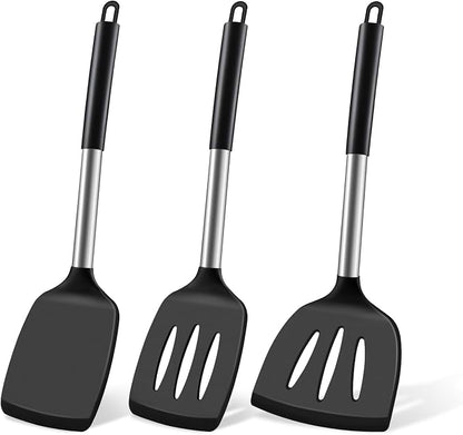 Silicone Spatula Set, Heat Resistant Fish Spatula, Solid & Slotted Turner for Non-Stick Pans, Silicone Cooking Utensils, BPA-Free, Flexible Kitchen Spatula for Flipping Eggs, Burgers, Black, 3 PCS-B