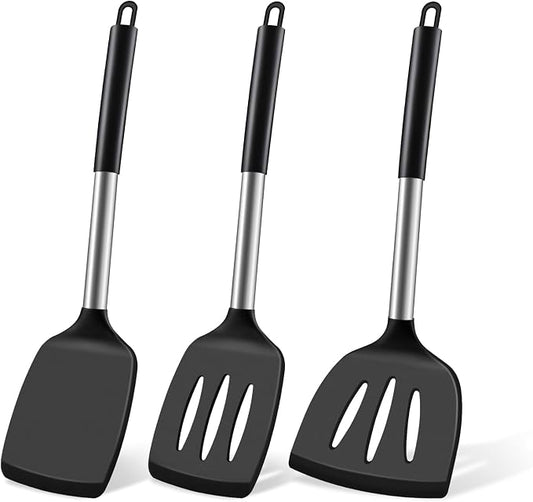 Silicone Spatula Set, Heat Resistant Fish Spatula, Solid & Slotted Turner for Non-Stick Pans, Silicone Cooking Utensils, BPA-Free, Flexible Kitchen Spatula for Flipping Eggs, Burgers, Black, 3 PCS-B