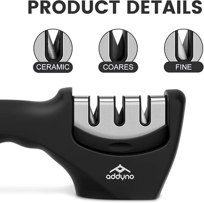 3-Stage Knife Sharpener for Kitchen Knives, Adjustable Angle Guide, Coarse-Sharpen-Fine, Fast Sharpening with Non-Slip Base & Ergonomic Handle