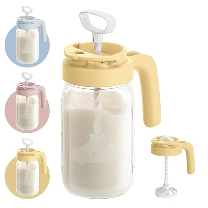 Papablic Glass Breastmilk Pitcher, Formula Mixing Pitcher with Mixing Handle Lid, Wide Mouth Mason Jar Mixer with Flip Locking Spout, Easy to Clean, BPA Free, Yellow