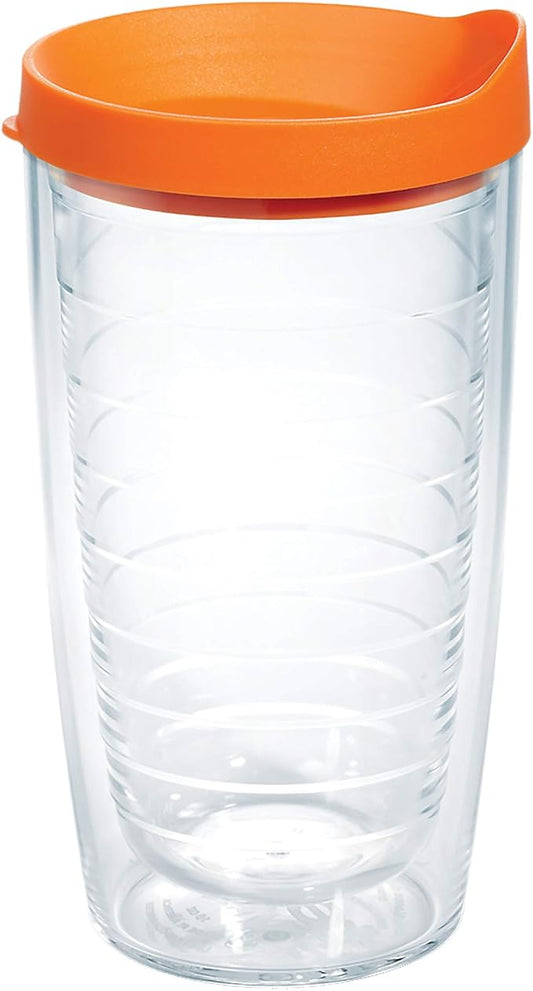 Tervis Clear & Colorful Lidded Made in USA Double Walled Insulated Tumbler Travel Cup Keeps Drinks Cold & Hot, 16oz, Orange Lid