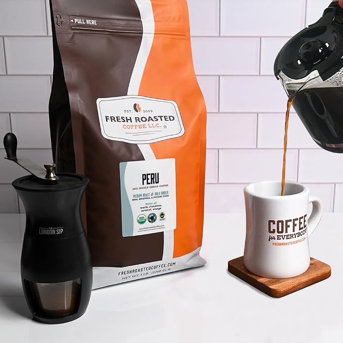 Fresh Roasted Coffee, Organic Peru Whole Bean Coffee, Medium Roast, USDA Organic, 3rd Party Tested for Mold, Mycotoxin & Pesticides, Kosher, 5 lb (80 oz)