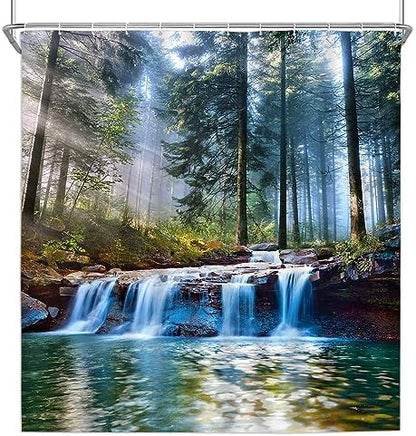Waterfalls Shower Curtains Outdoor Natural Scenery Forest Sunshine Tree Plant Landscape Courtyard Bathroom Decor Polyester Fabric Curtain Set 70 x 84 Inch with Hooks