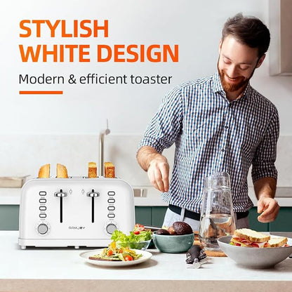 RAMJOY White Toaster 4 Slice, Dual Independent Controls, Extra Wide Slot Toasters for Bagel, Bread, Waffles, 7 Shade Settings, 4 Main Functions, Removable Crumb Tray, 1500 Watts, White Stainless Steel