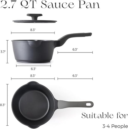 PRICUSIS Nonstick Saucepan with Lid, 2.7 Quart Non Toxic Pot with Pour Spouts, Full Coated, 100% Dishwasher Safe, Induction Compatible, PFOS & PFOA Free, Black Sesame