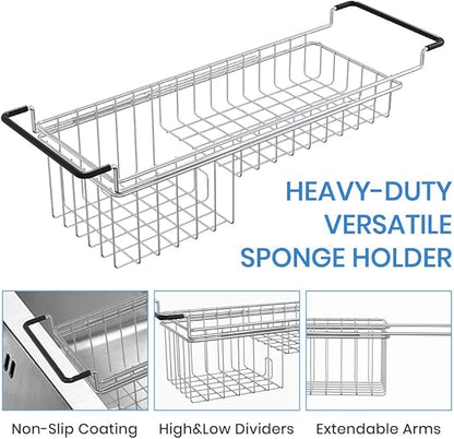 TreeLen Over The Kitchen Sink Caddy Sponge Holder Organizer Drying Rack Expandable for Sponge Brush Soap 13.8" to 20.8", Stainless Steel