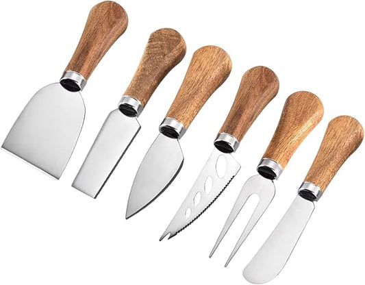 6 Piece Cheese Knives Set with Wooden Handle, Mini Steel Stainless Cheese knife set for Charcuterie and Cheese spread, Perfect for Cheese Slicer and Butter Cutter (Cheese Knife Set-6)