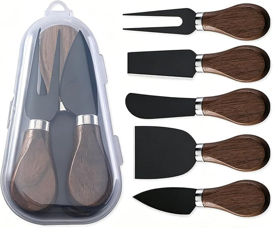 YUANQIAN Cheese Knife Set with Acacia Wood Handles - Cheese Knife, Spreader, Fork, Slicer - Mini Stainless Steel Cheese Tools for Charcuterie Boards (Walnut-Black, S2)