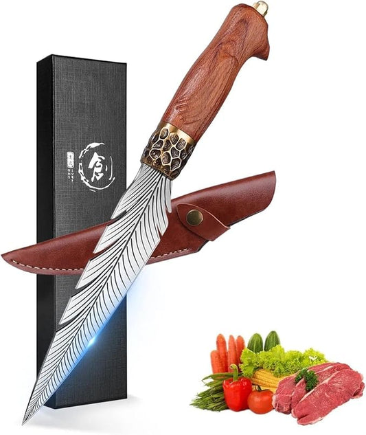 Dream Reach Feather Viking Knife – Hand-Forged Boning Knife with Sheath, 7" High Carbon Steel Butcher Tool for Meat Cutting, Camping BBQ Gifts for Men Women