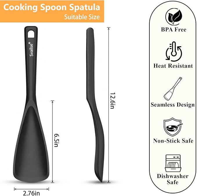 Scoop Spoon for Nonstick Cookwares, Multifunction Silicone Spatula Spoons BPA Free, Spurtle Spatulas for Mixing, Scooping, Scraping and Serving (2 Black, 12.6 inch)