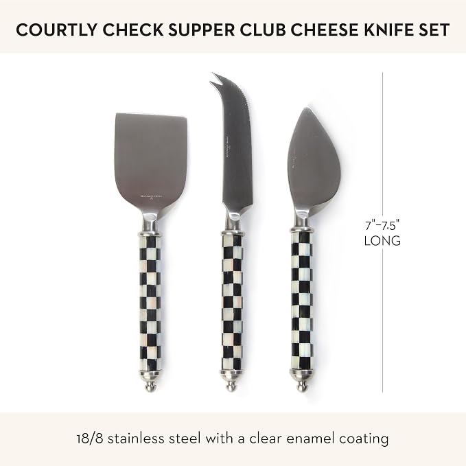 MACKENZIE-CHILDS Supper Club Cheese Knife Set, Stainless-Steel Cheese Slicers, Charcuterie Accessories, Set of 3, Black-and-White Courtly Check
