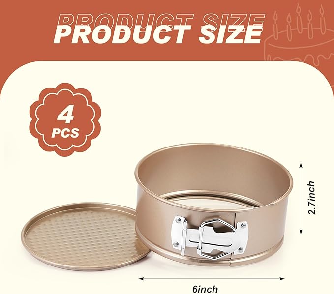 Funnymoom 4 Pcs 6 Inch Non Stick Springform Pan with Removable Bottom Carbon Steel Round Springform Cheesecake Pan with Stainless Steel Spring Buckles for Baking Kitchens Restaurant(Champagne Gold)