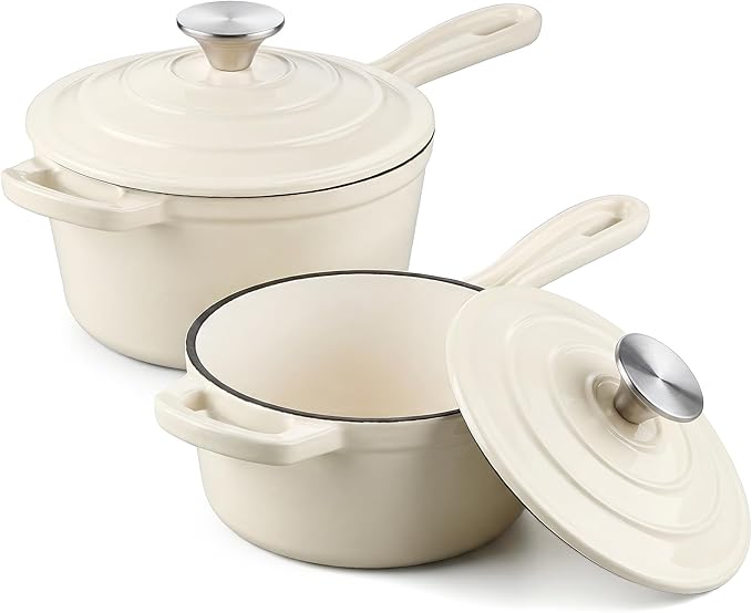 E-far 1Qt & 2Qt Sauce Pan Set, Enameled Cast Iron Saucepans Pot with Self-basting Lids, Heavy Duty Small Dutch Oven for Stove, Induction-Ready & Easy Clean, Cream