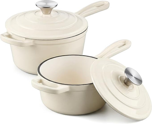E-far 1Qt & 2Qt Sauce Pan Set, Enameled Cast Iron Saucepans Pot with Self-basting Lids, Heavy Duty Small Dutch Oven for Stove, Induction-Ready & Easy Clean, Cream