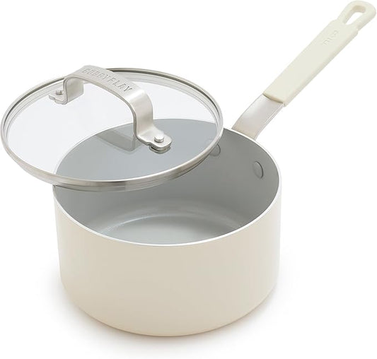 GreenPan x Bobby Flay 1.67QT Nonstick Saucepan with Glass Lid, PFAS-Free Diamond Ceramic, Induction Suitable, Stay-Cool Silicone Handle, Easy Clean Dishwasher & Oven Safe, Chef Pan, Cream