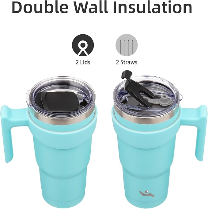 Konokyo 20 oz Tumbler with Handle and 2 Straw 2 Lid, Insulated Water Bottle Stainless Steel Vacuum Cup Reusable Travel Mug,Turquoise
