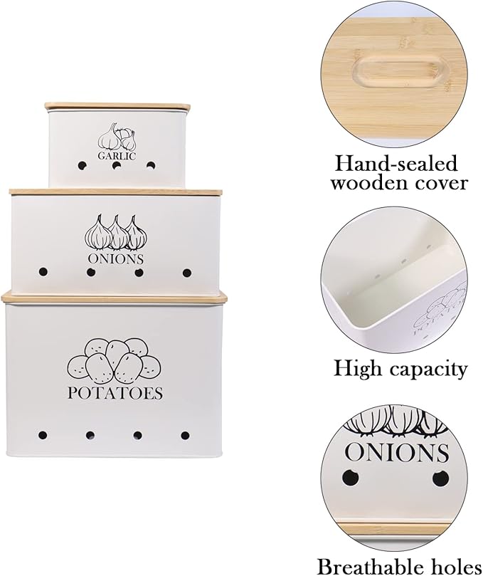 Kitchen Vegetable Storage Tins Set of 3 for Potato Onion & Garlic with Wooden Lid and Aerating Holes, Kitchen Storage Canisters Set, Vintage Kitchen Decor - White