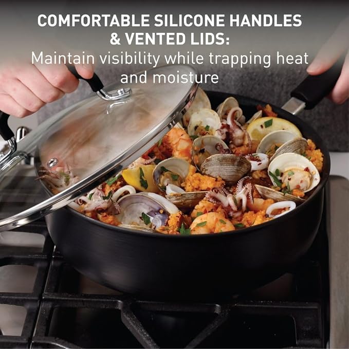 T-Fal Ultimate Hard Anodized Non Stick Jumbo Cooker With Lid & Helper Handle 5 Quart, Oven Broiler Safe 400F, Lid Safe 350F, Cookware, Deep Frying Pan, Skillet, Pots and Pans, Dishwasher Safe, Onyx