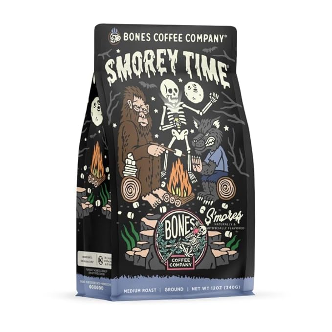 Bones Coffee Company Decaf S'morey Time, S'mores and Graham Crackers Decaffeinated Flavored Coffee, Medium Roast Low Acid Arabica Beans For Auto drip and French Press Coffee Maker, 12 Oz Ground