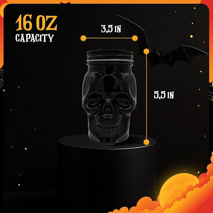 DURA LIVING Set of 2 Skull Mason Jar Glasses with Lids | 16oz Reusable Halloween Drinking Glasses | Unique Skull Décor, Storage, & Canning Jars for Parties & Gifts