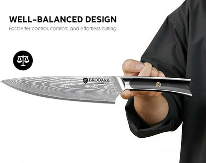 BRODARK Damascus Chef Knife 3 PCS, VG10 Steel Full Tang Sharp Professional Japanese Chef Knife Set for Kitchen, Ergonomic Pakkawood Handle Damascus Knife Set with Gift Box