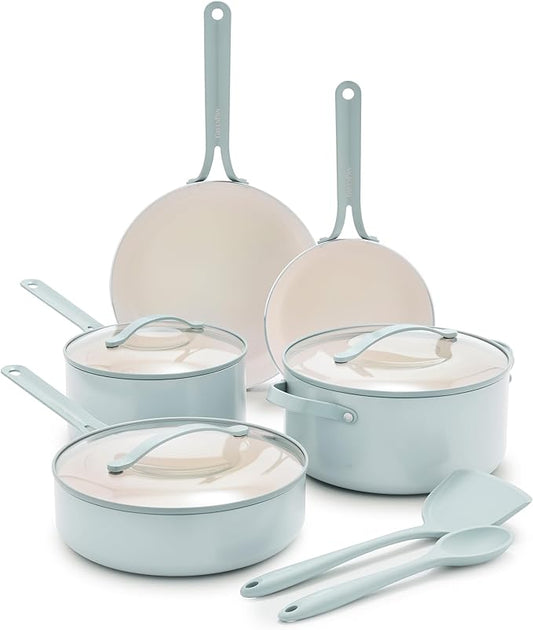 GreenPan Nova 10-Piece Nonstick Cookware Set, PFAS-Free Ceramic Pots & Pans with Silicone Cooking Utensils, Durable Fast Heating, Induction Ready, Oven Safe to 600°F, Dishwasher Safe, Coastline Blue