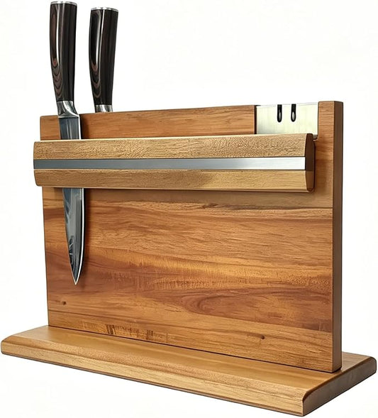 Large Magnetic Knife Holder - 14.5 x 11" Double-Sided Acacia Wood Block with Built-in Sharpener, Holds 14+ Knives, Premium Kitchen Counter Organizer for Professional Chefs