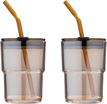 BLUEPOLAR 13oz/400ml Glass Tumbler Water Cup with Straw and Lid, Sealed Carry on for Coffee, Iced Tea, Thick Wall Insulated Amber 2-Pack