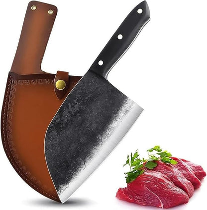 Dream Reach Forging Serbian Chef Knife Kitchen Chef Knives Full Tang High Carbon Clad Steel Almasi Butcher Cleaver with Leather Sheath Thanksgiving Gifts for Men Women (B-Almasi Knife)