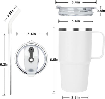 Sursip Insulated Coffee Mug with Handle and Lid, 24 oz Double Wall Vacuum Travel Thermal Coffee Tumbler with Straw for Home, Office Stainless Steel Coffee Cup - Leak proof, BPA Free (White-1 Pack)