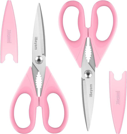 iBayam All Purpose Kitchen 2 Pack Heavy Duty Food Meat Poultry Shears with Protective Sheath, Dishwasher Safe, Comfort-Grip Cute Aesthetic Scissors Gift for Women Mom Wife Her Couple Pastel Pink