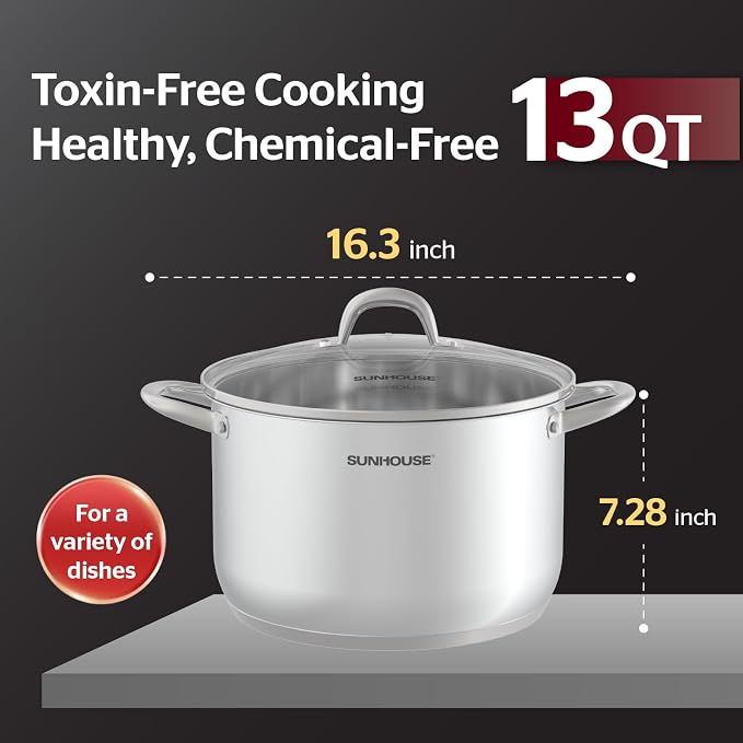 Sunhouse Stock Pot with Lid - 13 QT Large Pot for Cooking Pasta, Soup, Spaghetti - Impact Bonding Base Big Stainless Steel Pots for Canning, Boiling - Oven Safe & Induction Compatible Cookware