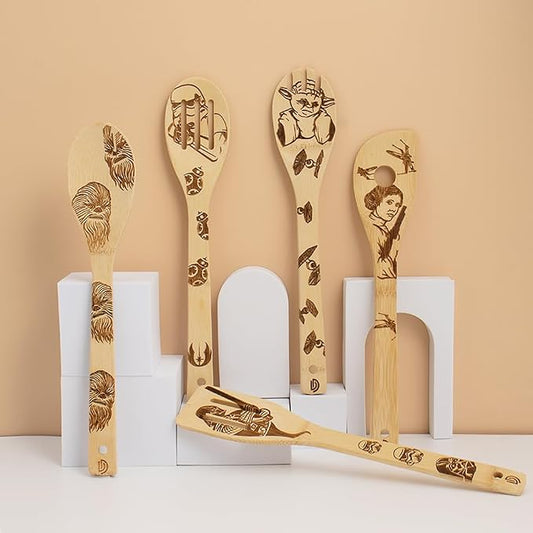 5 PCS Star Wars Burned Wooden Spoon,Star Wars Gifts for Men,Baby Yoda Gifts for Women,Slotted Wooden Spatula Utensil Set for Starwars Christmas Gift