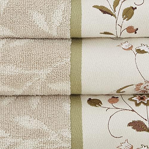 Madison Park Serene 100% Cotton Bath Towel Set Luxurious Floral Decorative Towels for Bathroom Embroidered Cotton Jacquard Design Soft Highly Absorbent for Shower 600 GSM, Multi-Sizes, Green 6 Piece