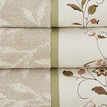 Madison Park Serene 100% Cotton Bath Towel Set Luxurious Floral Decorative Towels for Bathroom Embroidered Cotton Jacquard Design Soft Highly Absorbent for Shower 600 GSM, Multi-Sizes, Green 6 Piece
