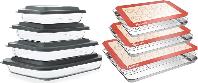 MCIRCO 8 Pcs Glass Baking Dish Set with Lids, 9 Pcs Stainless Steel Baking Sheet Tray Cooling Rack with Silicone Baking Mat Set, For Cooking, Baking