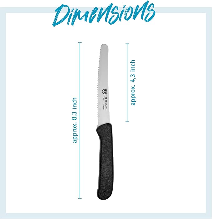 GRÄWE table knives 6 pieces, knife set for cutting, pack of 6 bread knives, breakfast knives with serrated edge on one side, knife 21 cm - Black