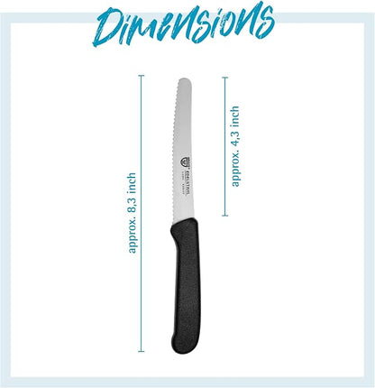 GRÄWE table knives 6 pieces, knife set for cutting, pack of 6 bread knives, breakfast knives with serrated edge on one side, knife 21 cm - Black